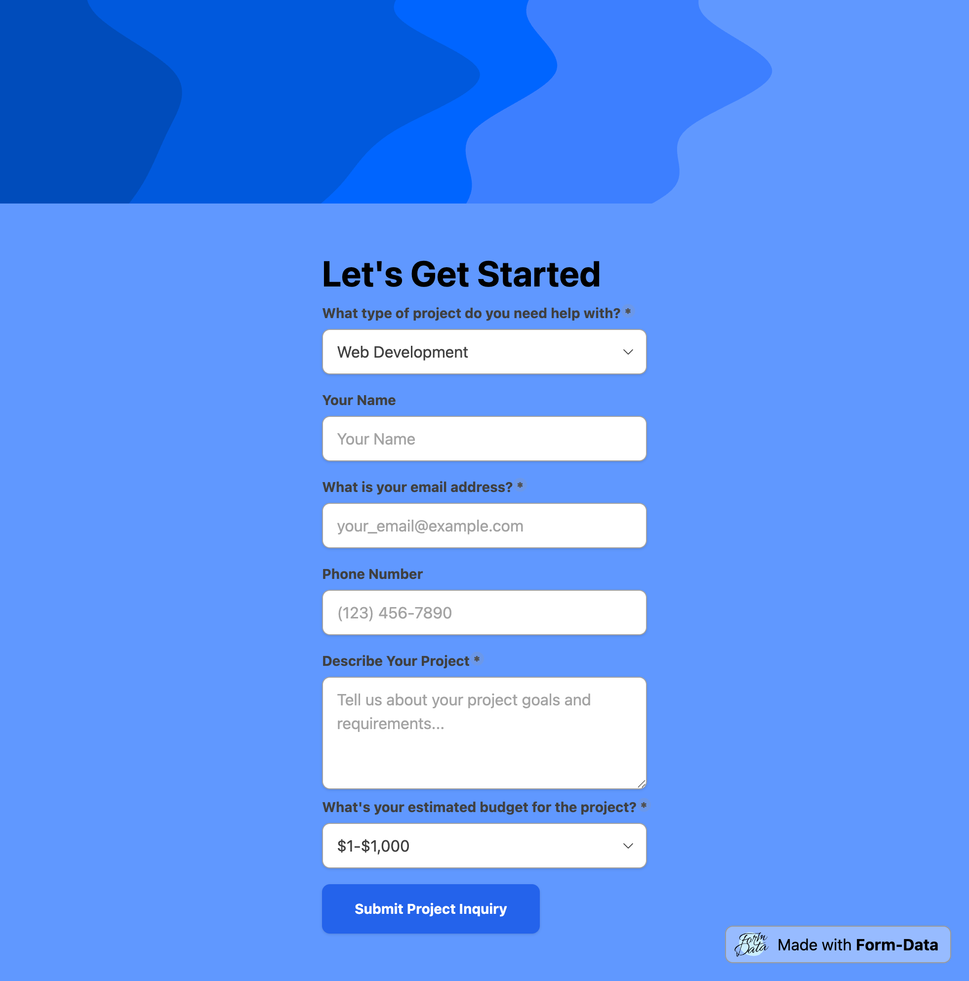Screenshot of client intake form