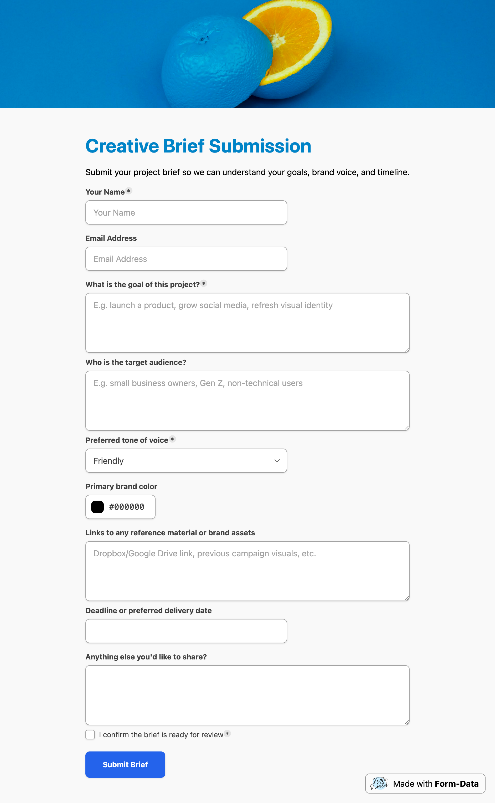 Screenshot of creative brief submission form