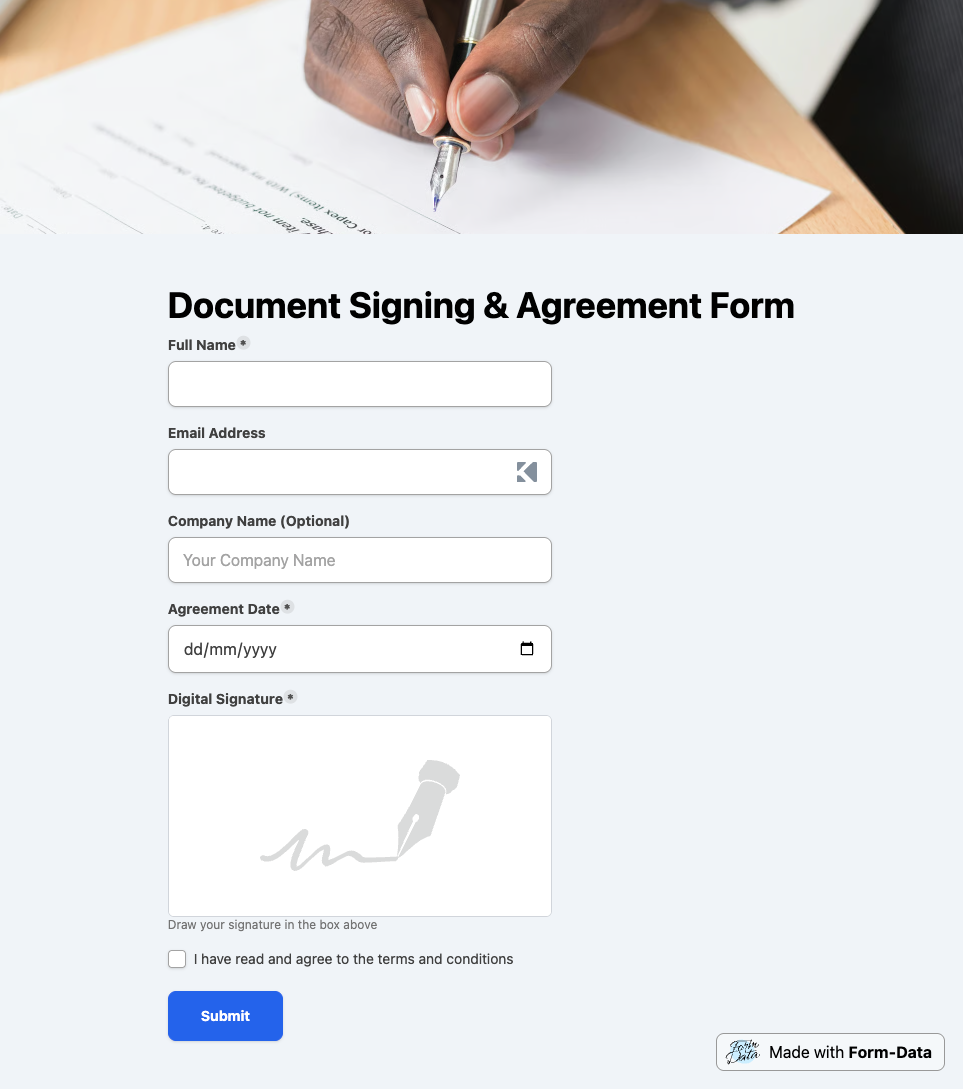 Screenshot of document signing and agreement form