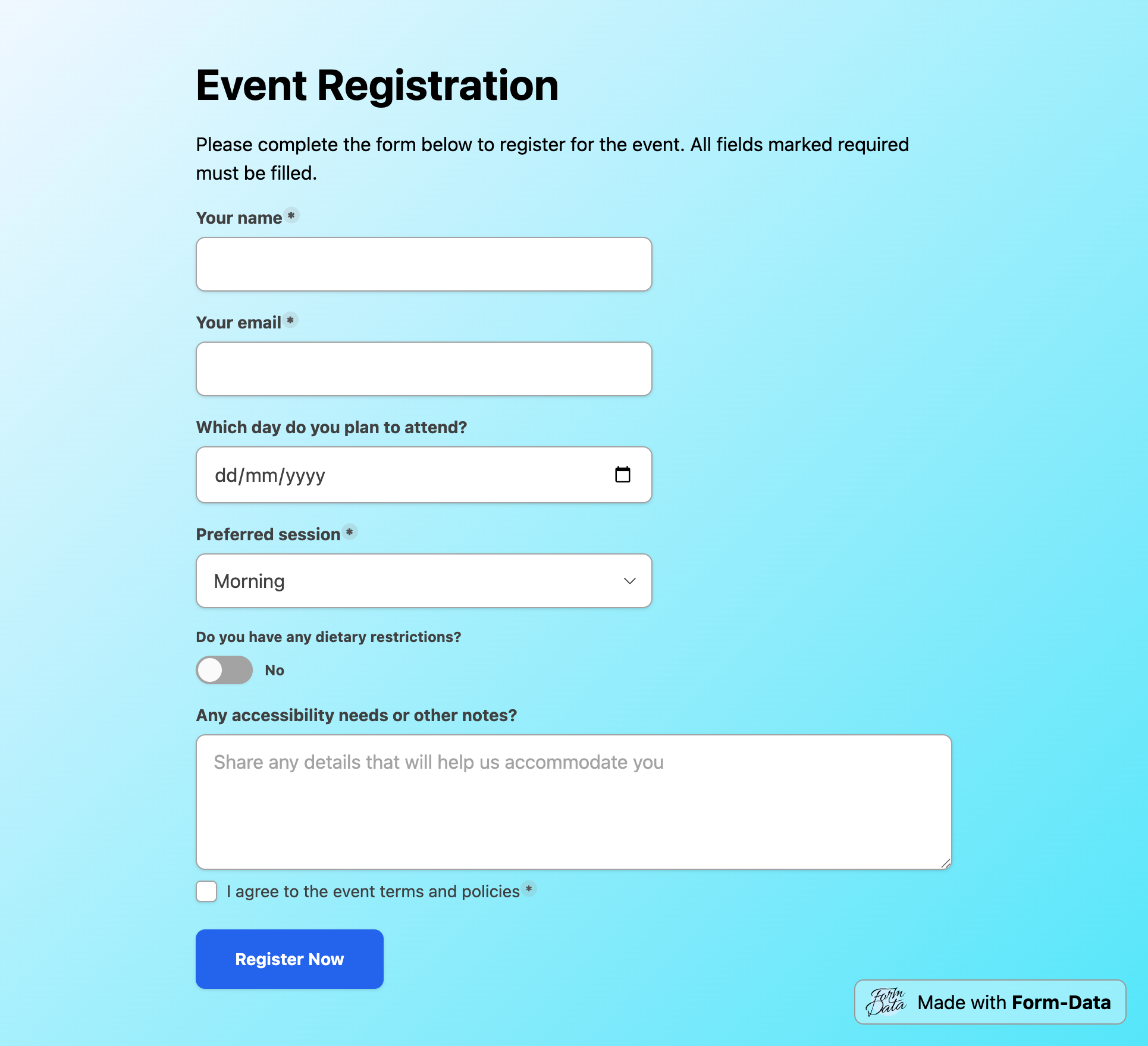 Screenshot of event registration form