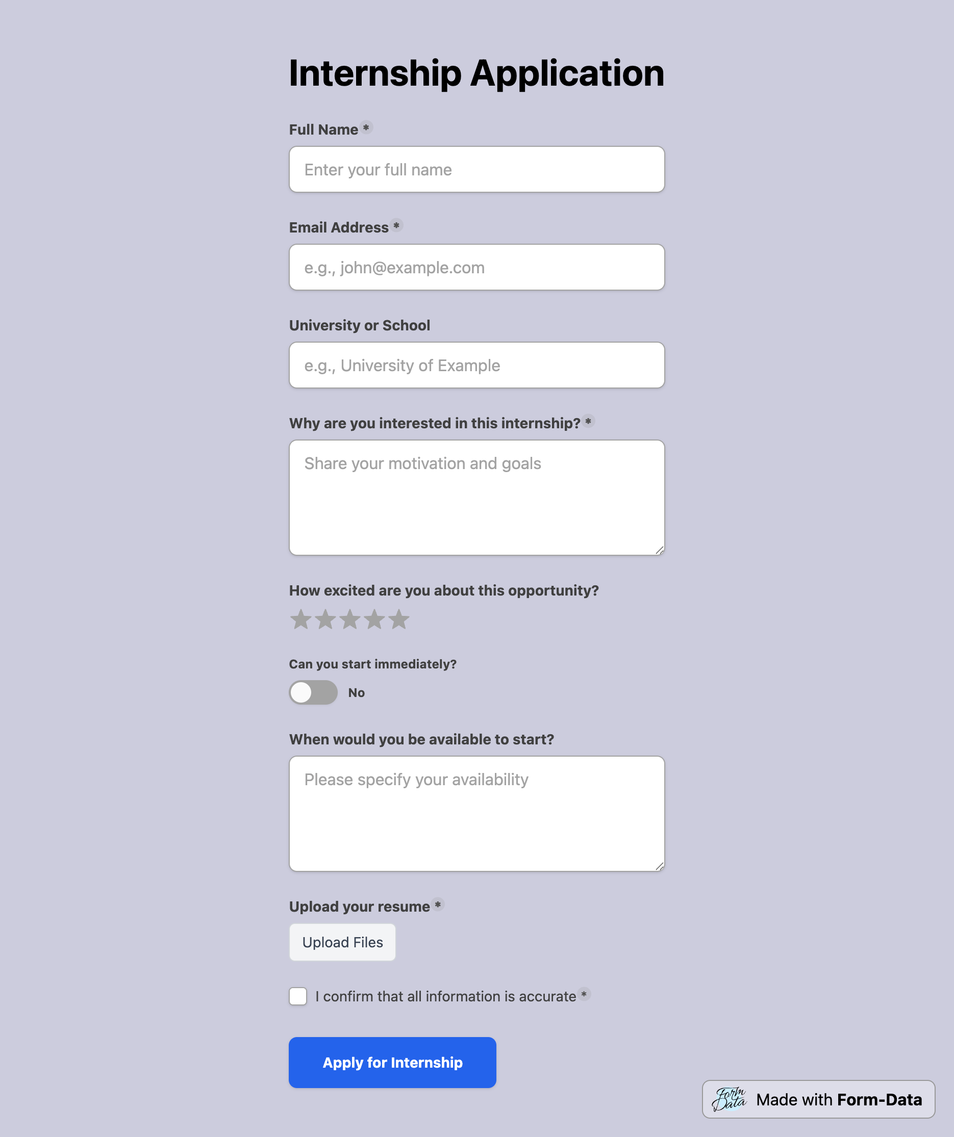 Screenshot of internship application form