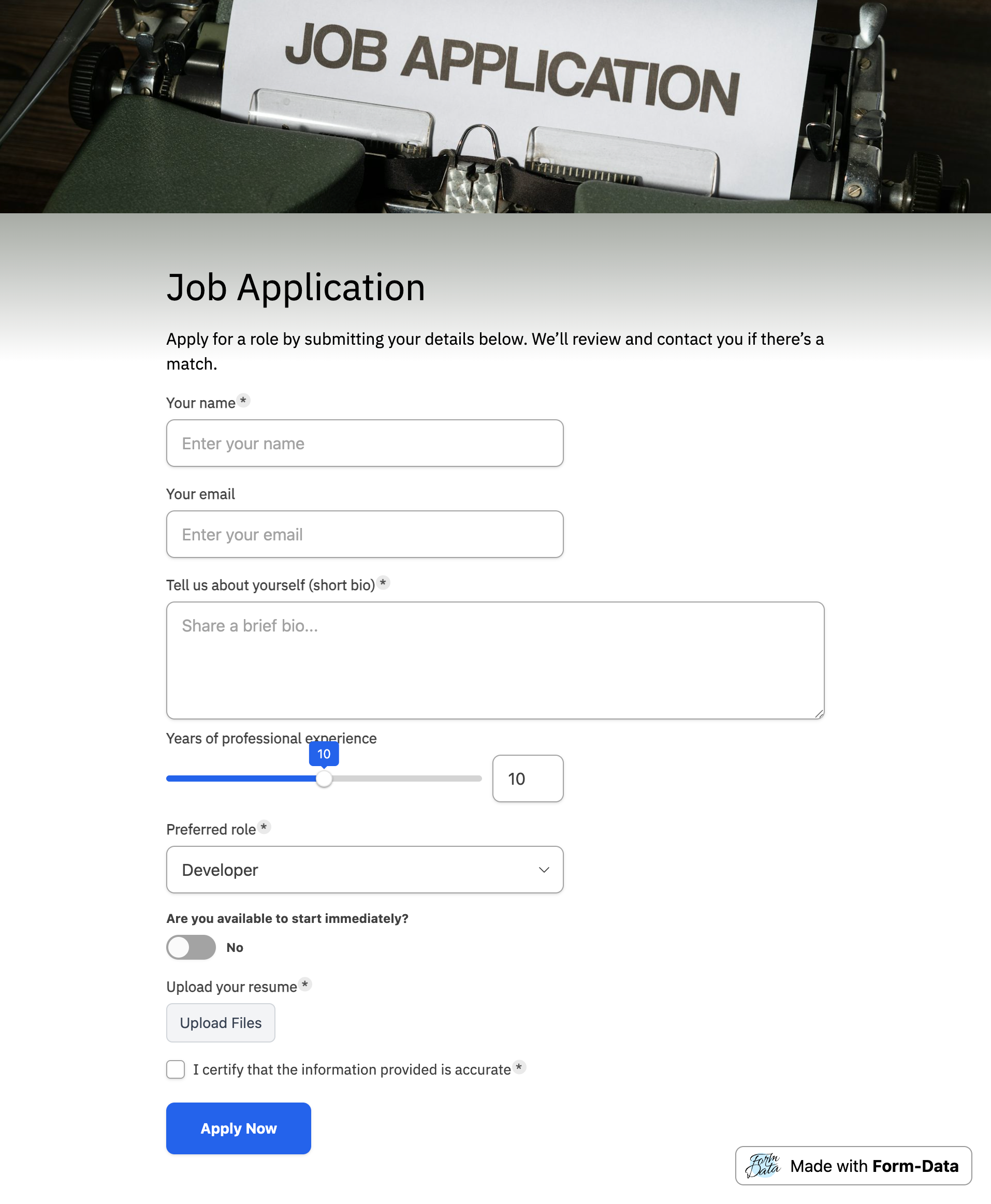Screenshot of job application form