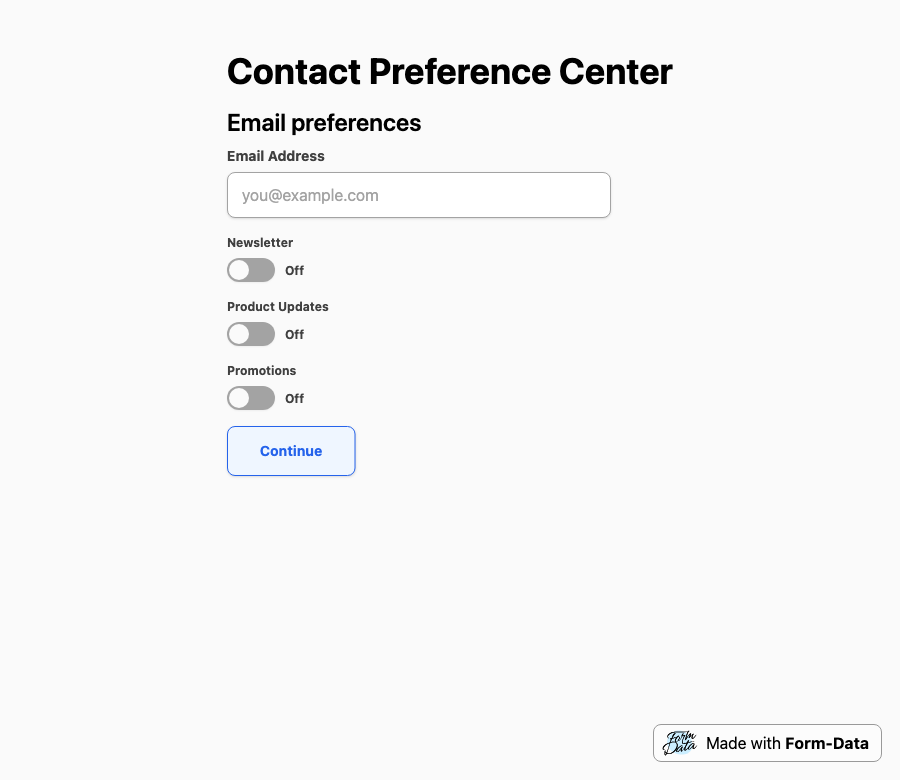Screenshot of multi-step contact preference center form