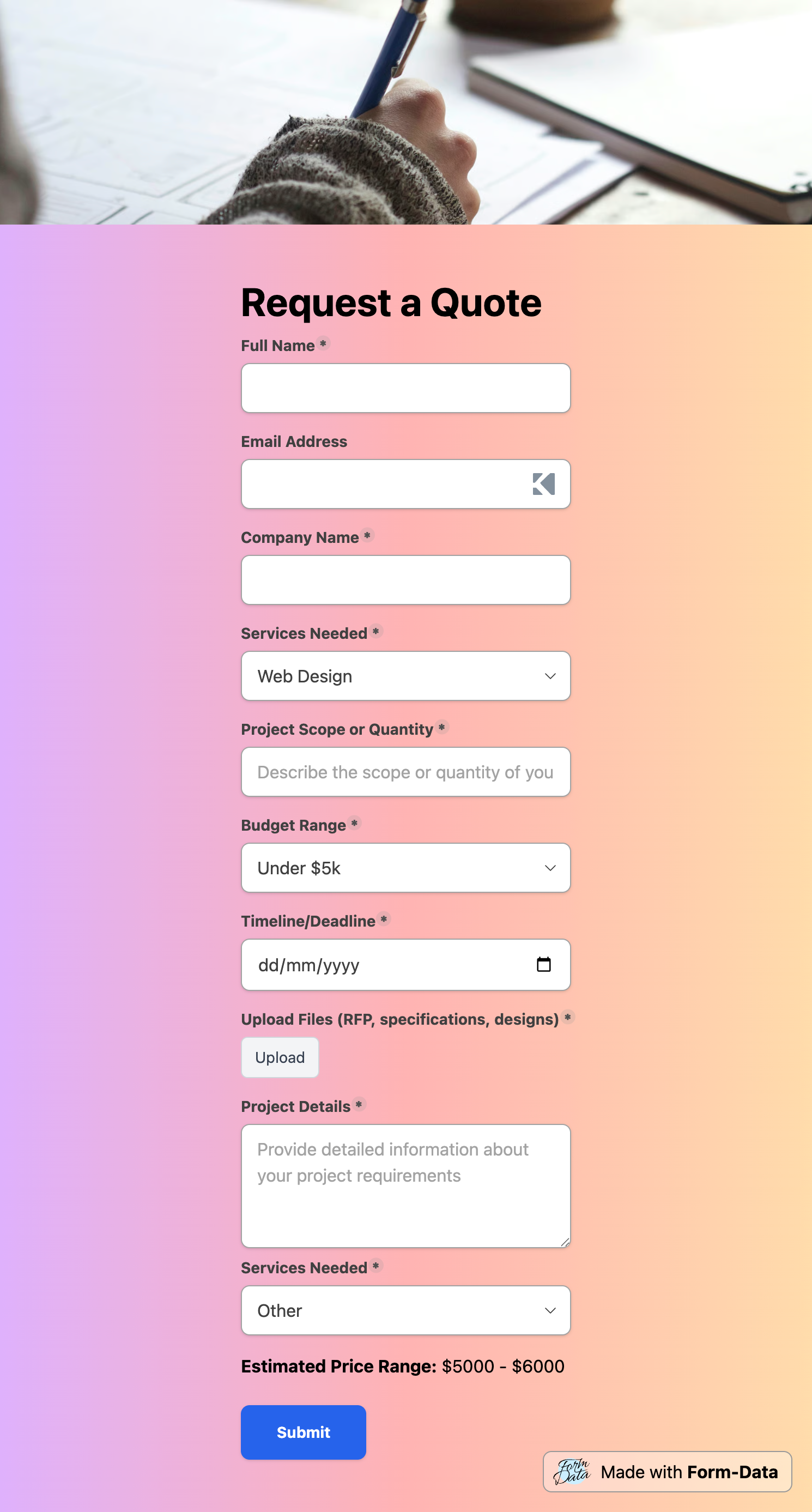 Screenshot of quote request form