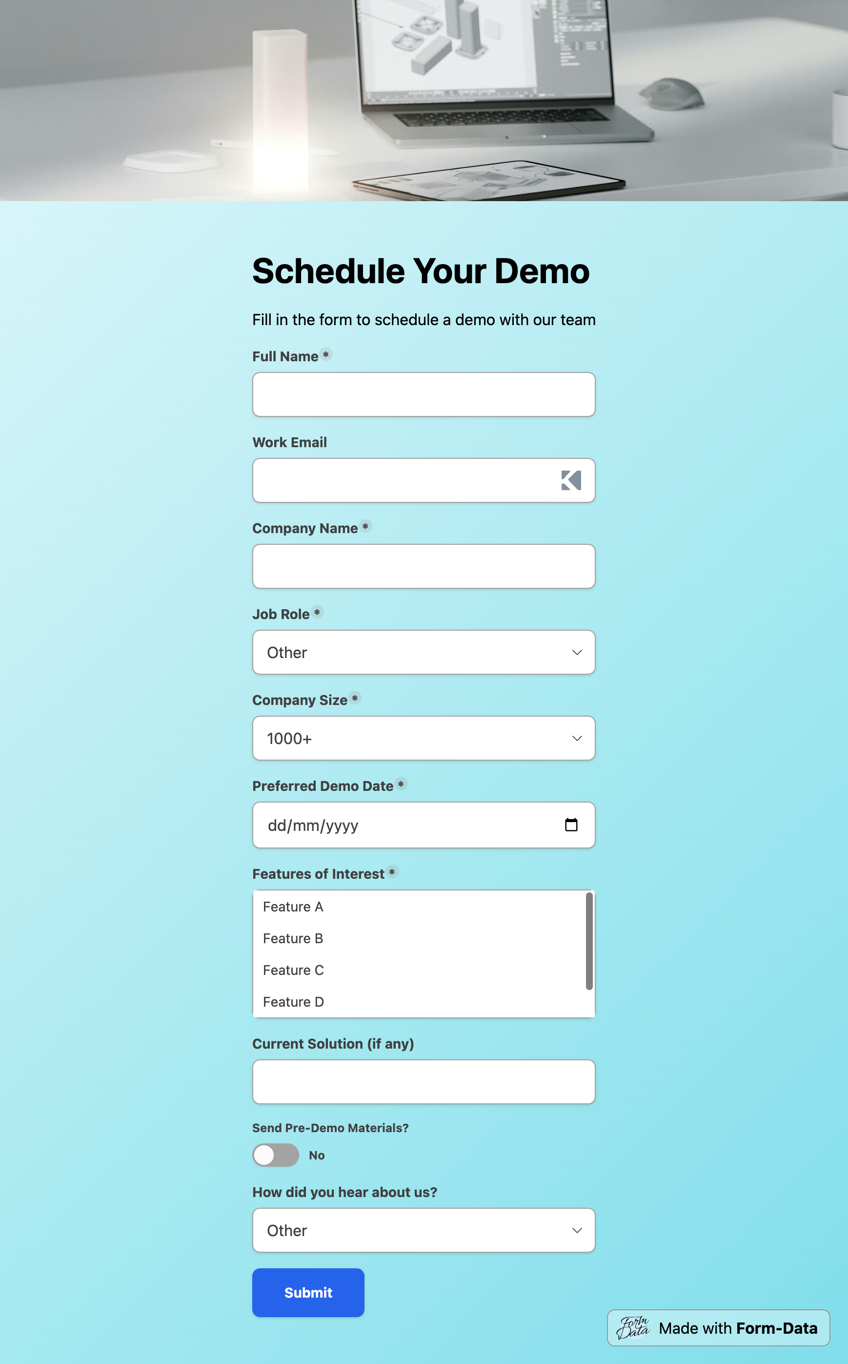 Screenshot of demo request form