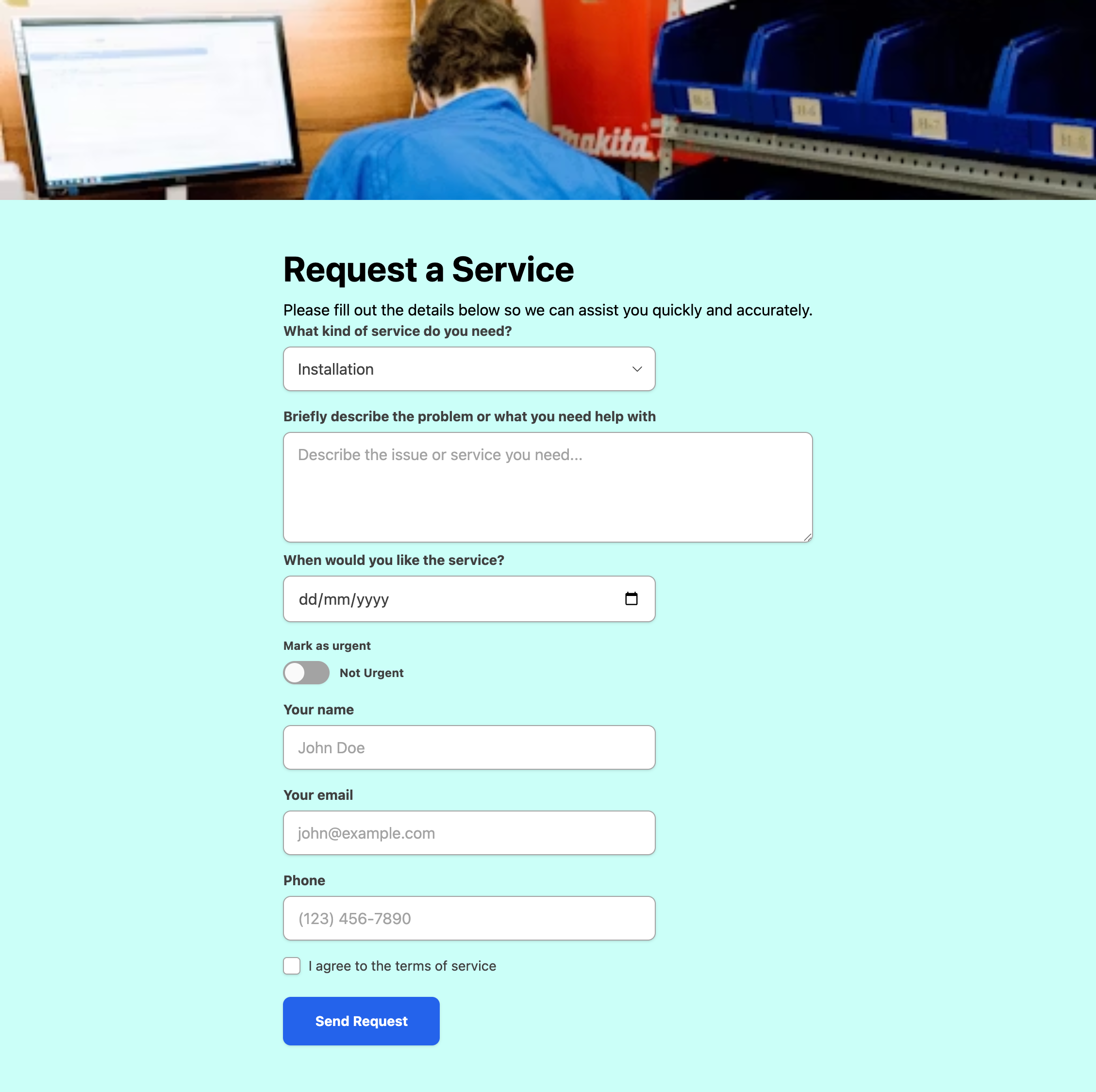 Screenshot of service request form