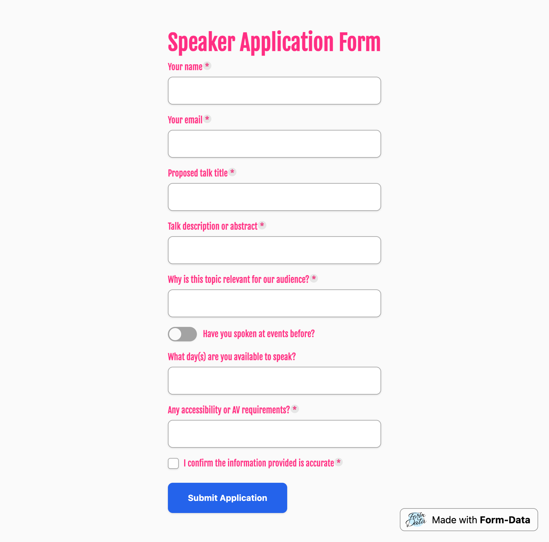 Screenshot of speaker application form