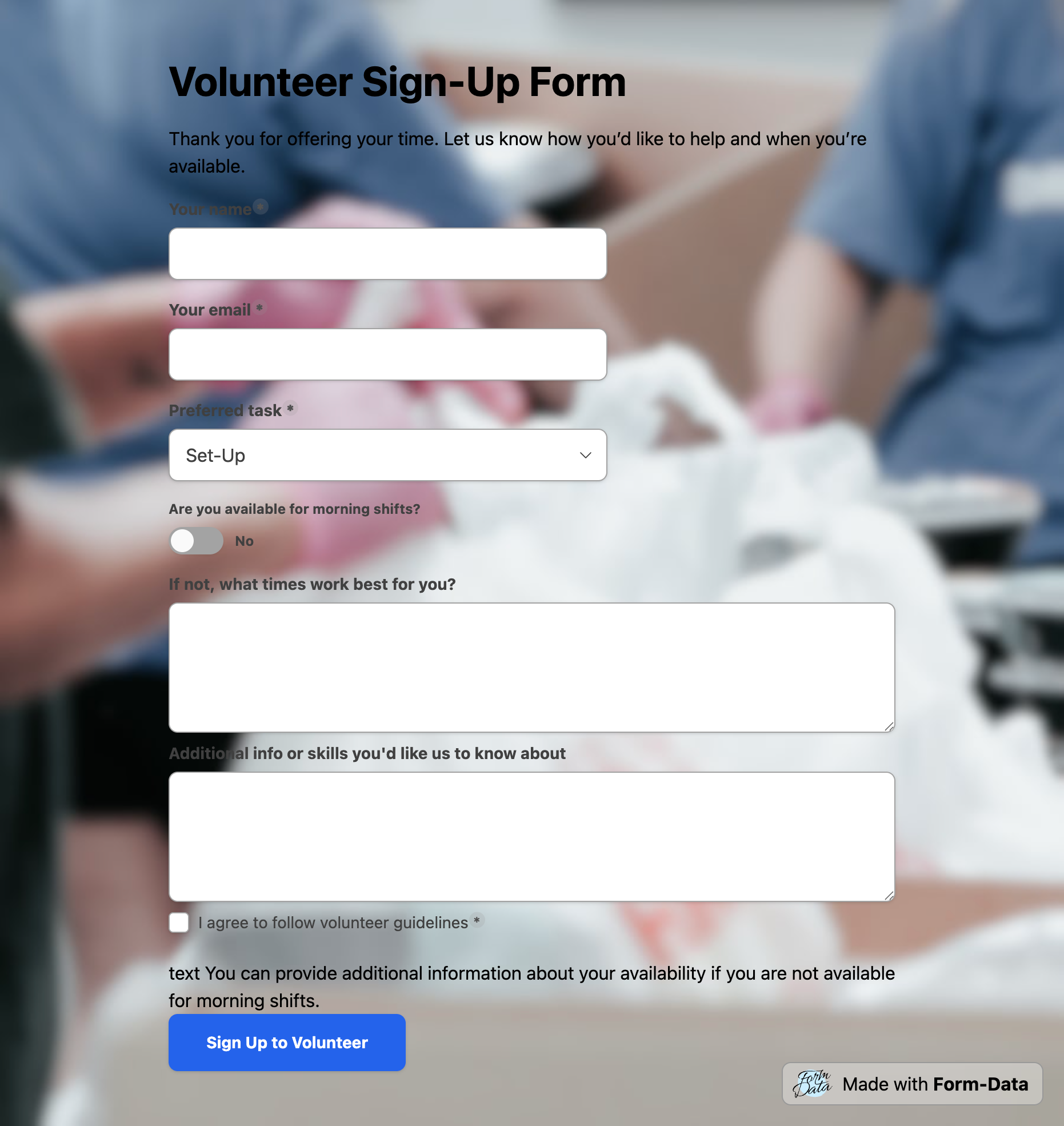 Screenshot of volunteer sign-up form