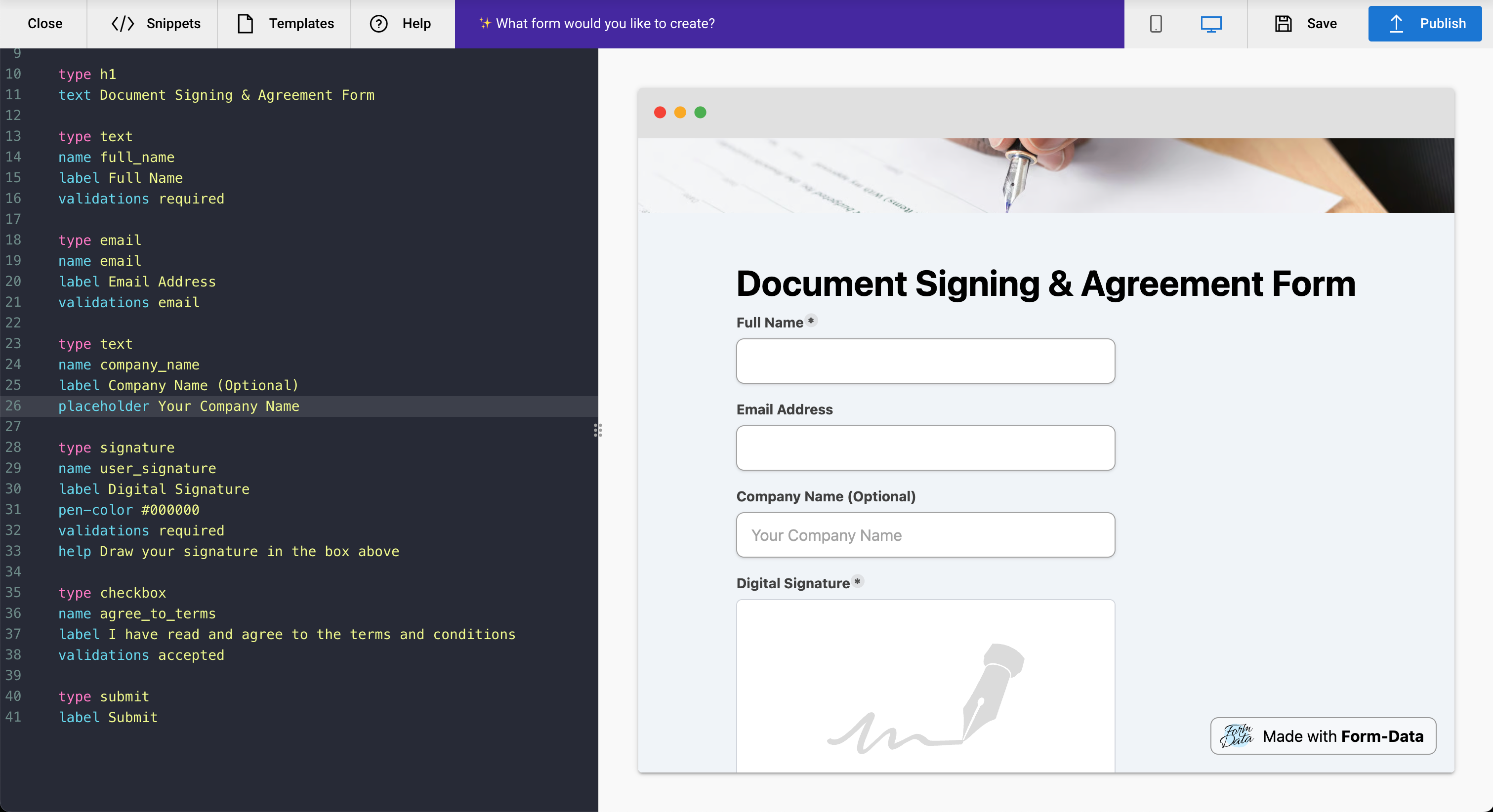 Form-Data Studio interface on Mac showing the AI-powered form builder